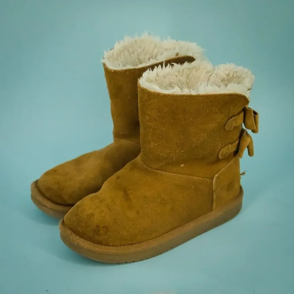 Ugg Koolaburra Size 3 Attie Brown Suede Bow Detail Pull On Sherpa Fleece Boots